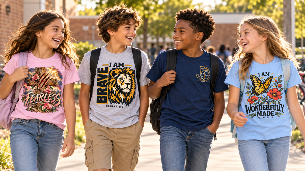 Four older kids walking outside school in Fearless, Brave, JC, and Wonderfully Made shirts