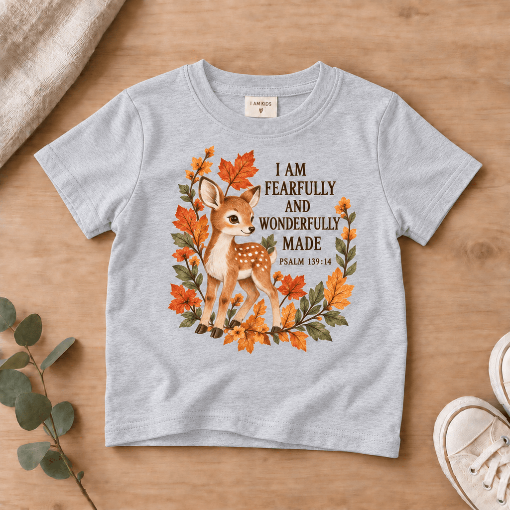 Fearfully & Wonderfully Made Woodland Deer Kids’ Tee | Fall Friends Collection Christian scripture shirt - I AM Kids