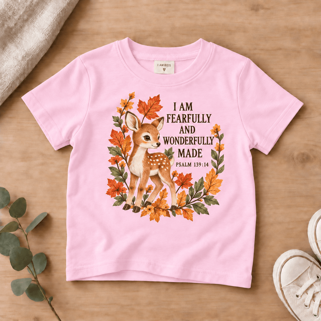 Fearfully & Wonderfully Made Woodland Deer Kids’ Tee | Fall Friends Collection Christian scripture shirt - I AM Kids