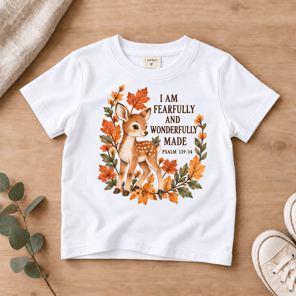 Fearfully & Wonderfully Made Woodland Deer Kids’ Tee | Fall Friends Collection Christian scripture shirt - I AM Kids