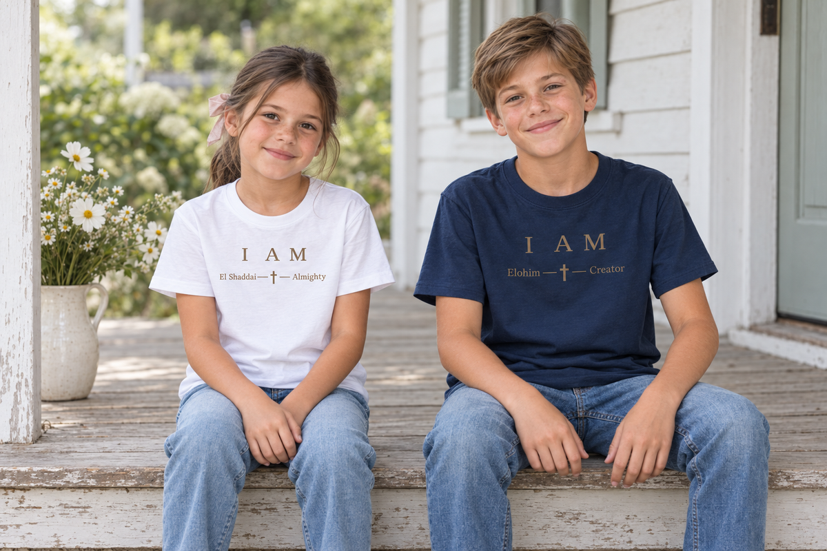 Boy and girl wearing The Great I AM collection shirts on a garden porch