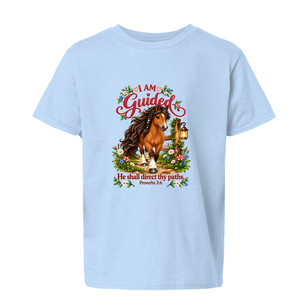 I AM GUIDED youth shirt with a horse, flowers, lantern, and Proverbs 3:6