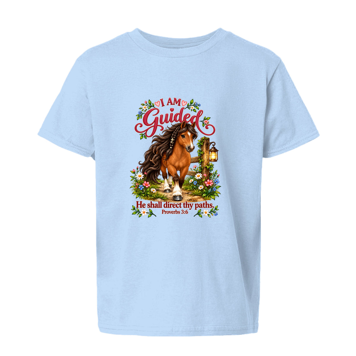 I AM GUIDED youth shirt with a horse, flowers, lantern, and Proverbs 3:6