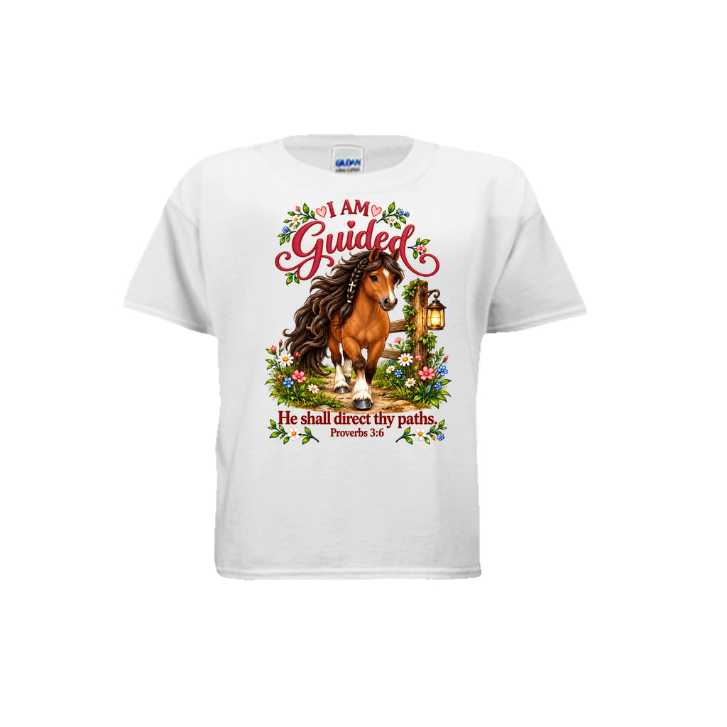 I AM GUIDED youth shirt with a horse, flowers, lantern, and Proverbs 3:6