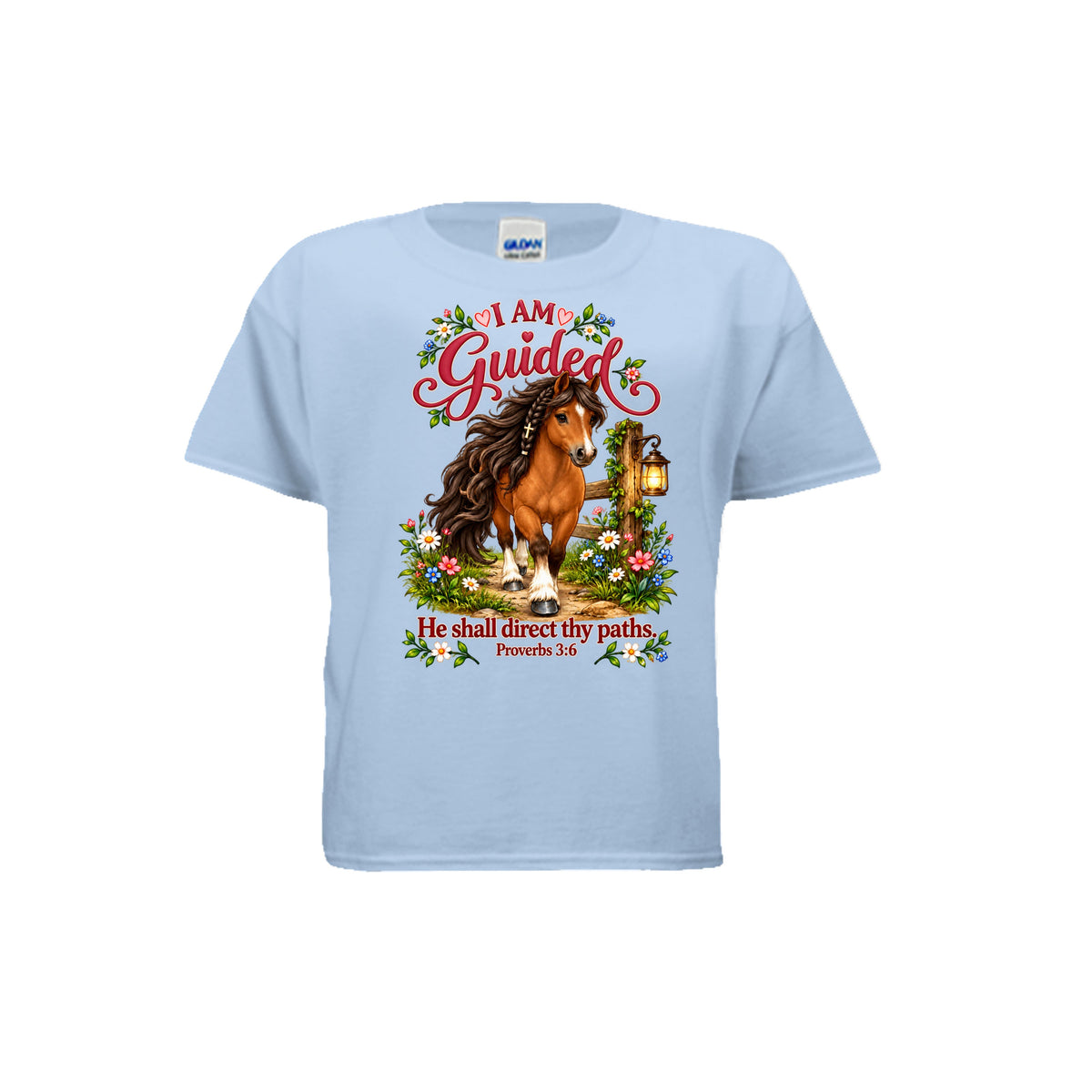 I AM GUIDED youth shirt with a horse, flowers, lantern, and Proverbs 3:6