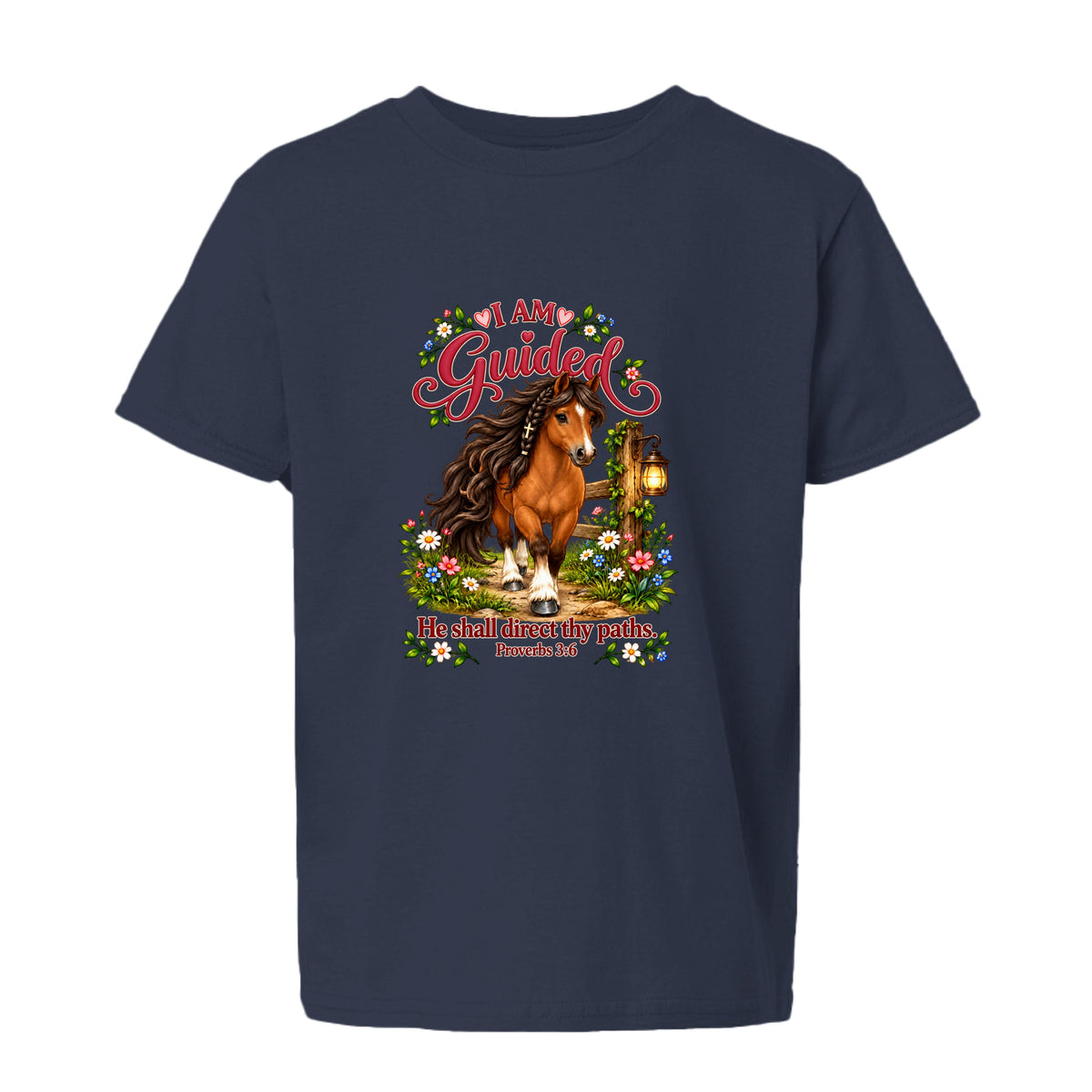 I AM GUIDED youth shirt with a horse, flowers, lantern, and Proverbs 3:6