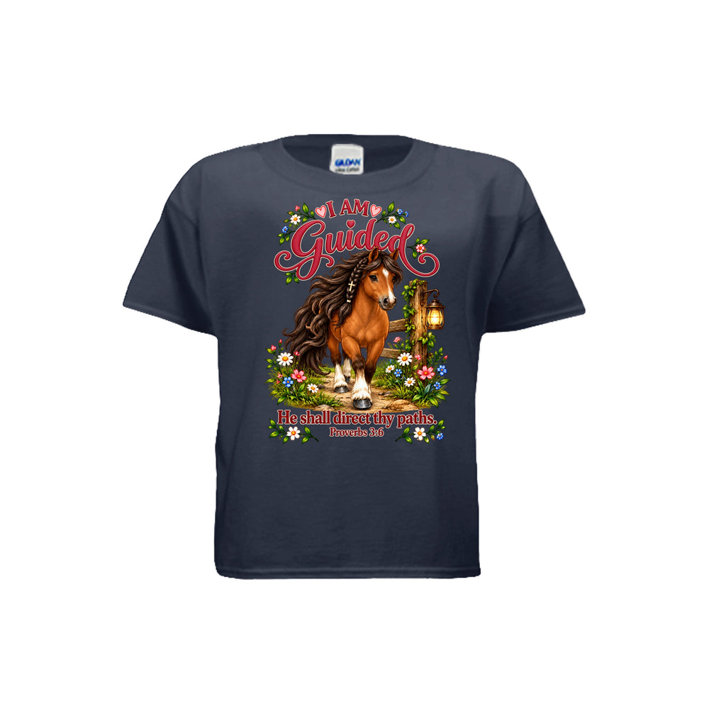 I AM GUIDED youth shirt with a horse, flowers, lantern, and Proverbs 3:6