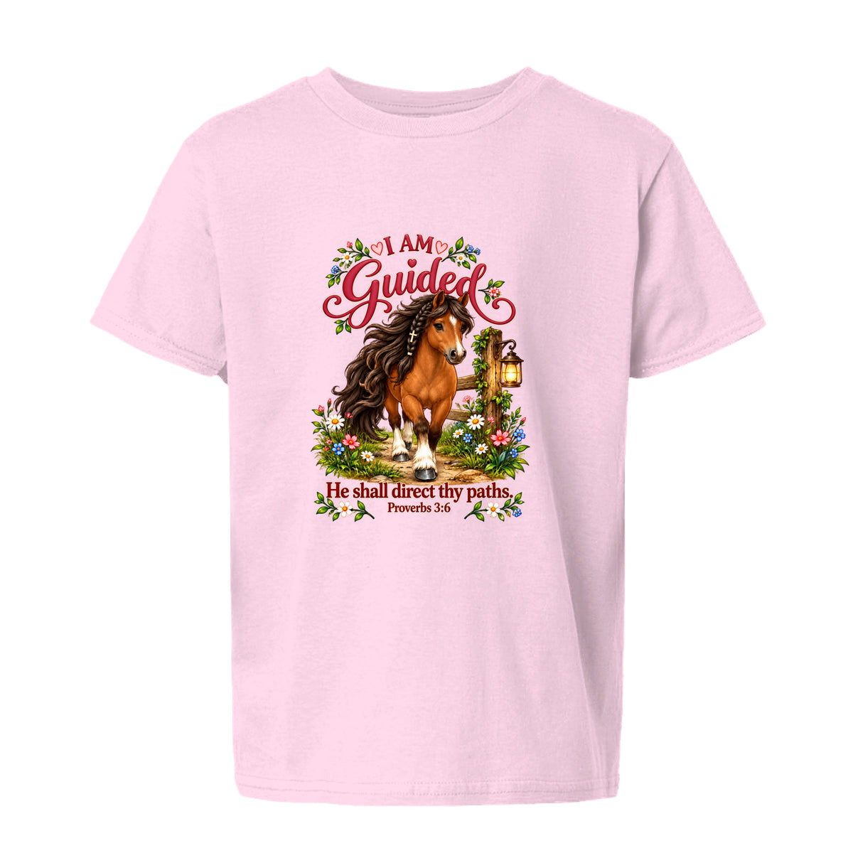 I AM GUIDED youth shirt with a horse, flowers, lantern, and Proverbs 3:6
