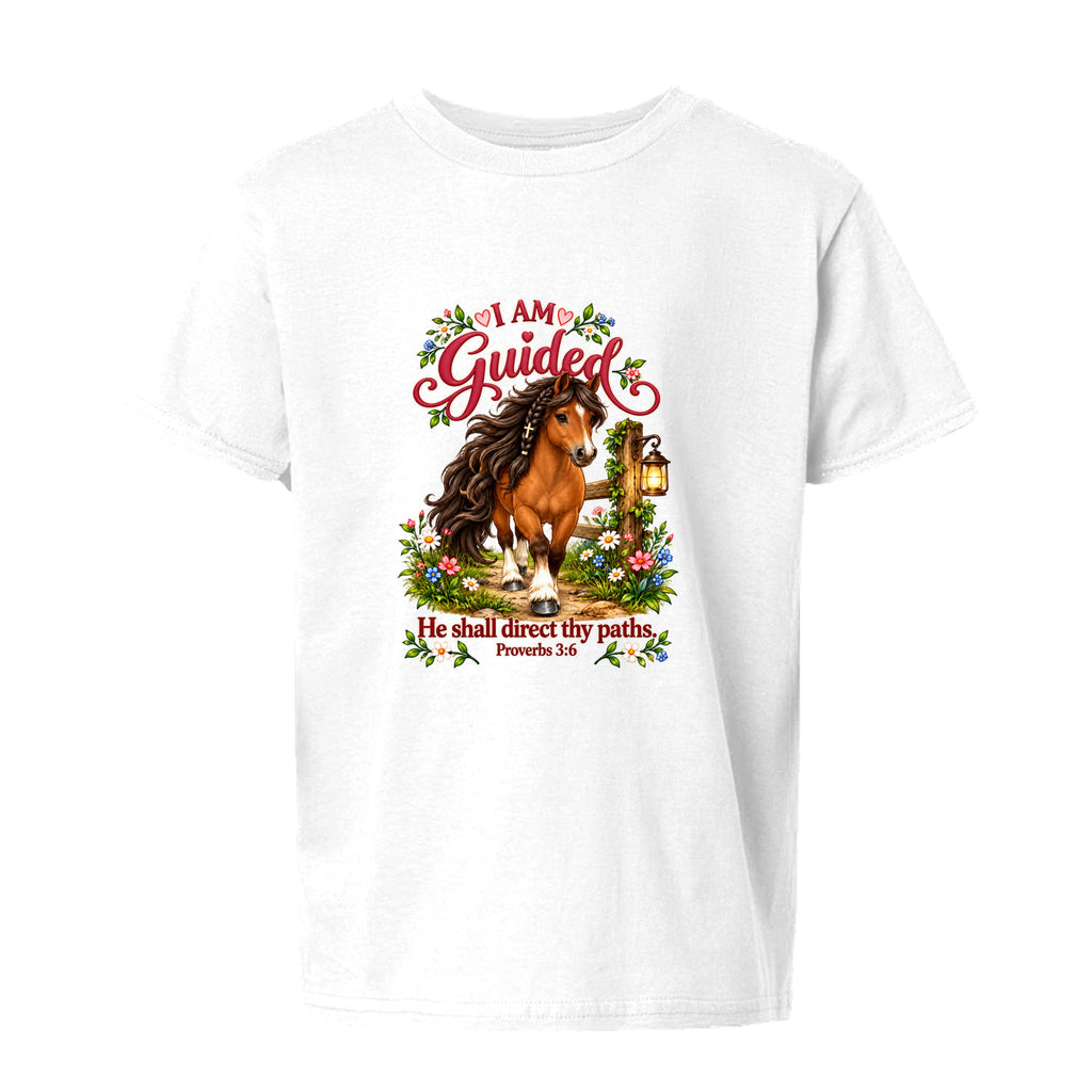 I AM GUIDED youth shirt with a horse, flowers, lantern, and Proverbs 3:6
