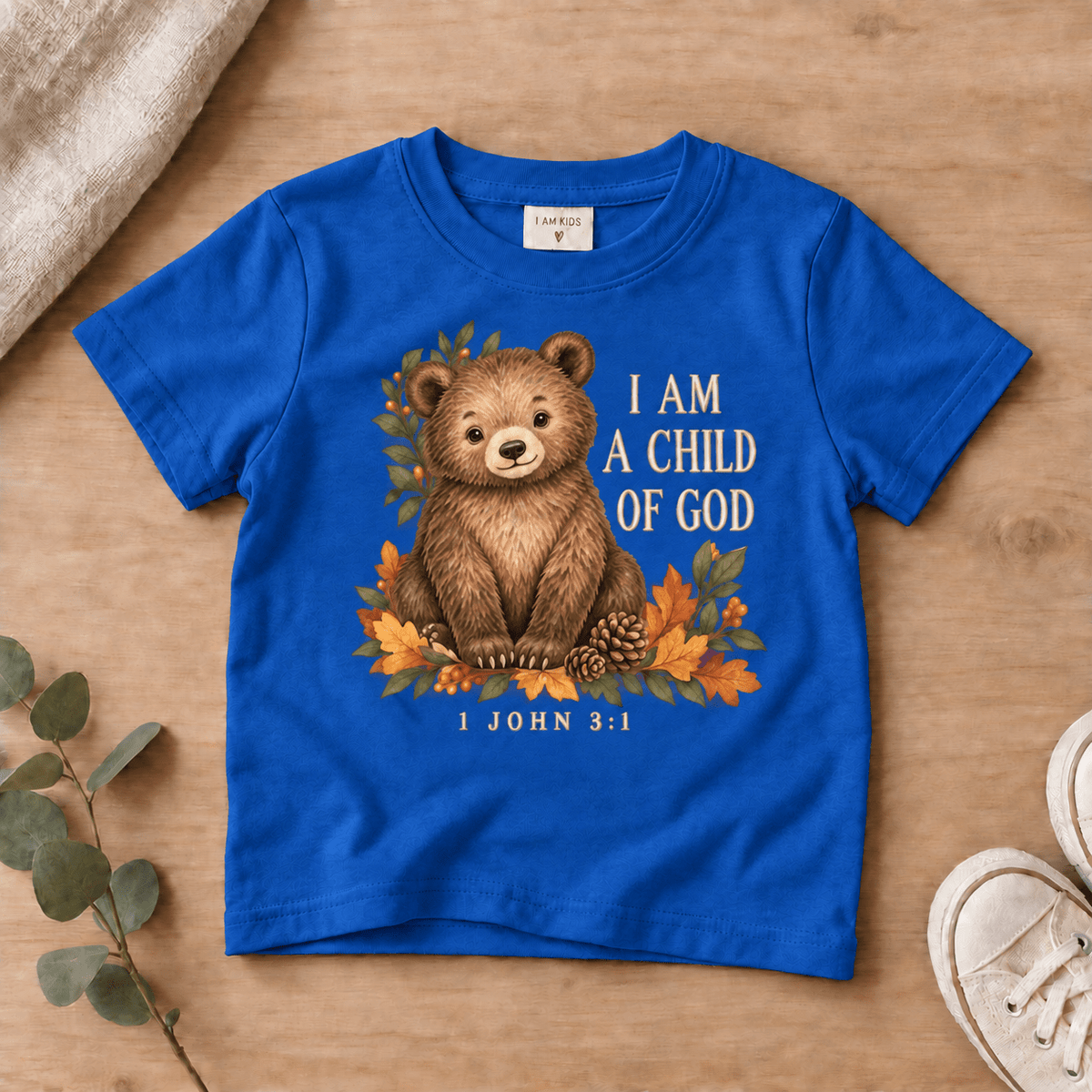I Am a Child of God Woodland Bear Kids’ Tee | Fall Friends Collection Christian scripture shirt - I AM Kids
