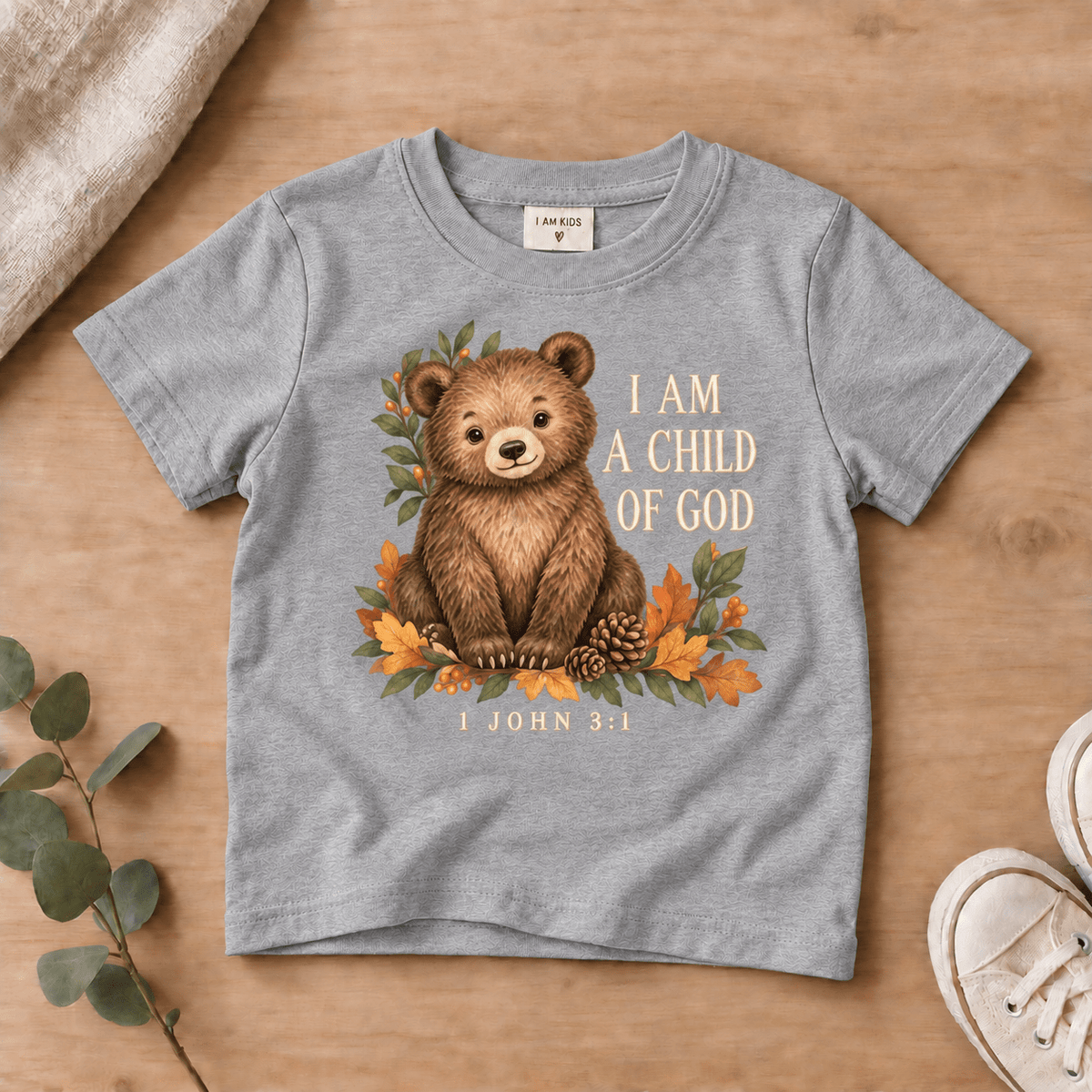 I Am a Child of God Woodland Bear Kids’ Tee | Fall Friends Collection Christian scripture shirt - I AM Kids