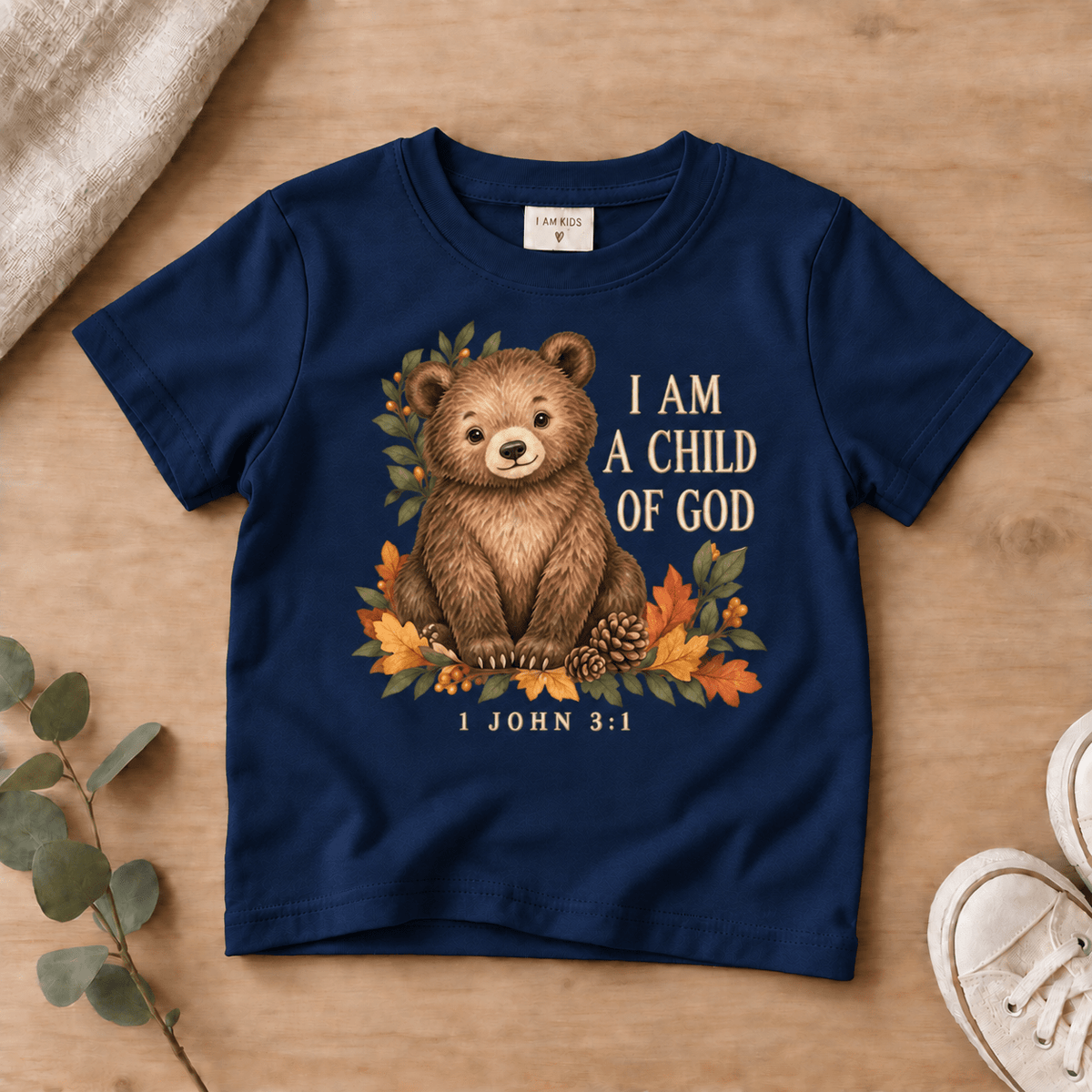 I Am a Child of God Woodland Bear Kids’ Tee | Fall Friends Collection Christian scripture shirt - I AM Kids