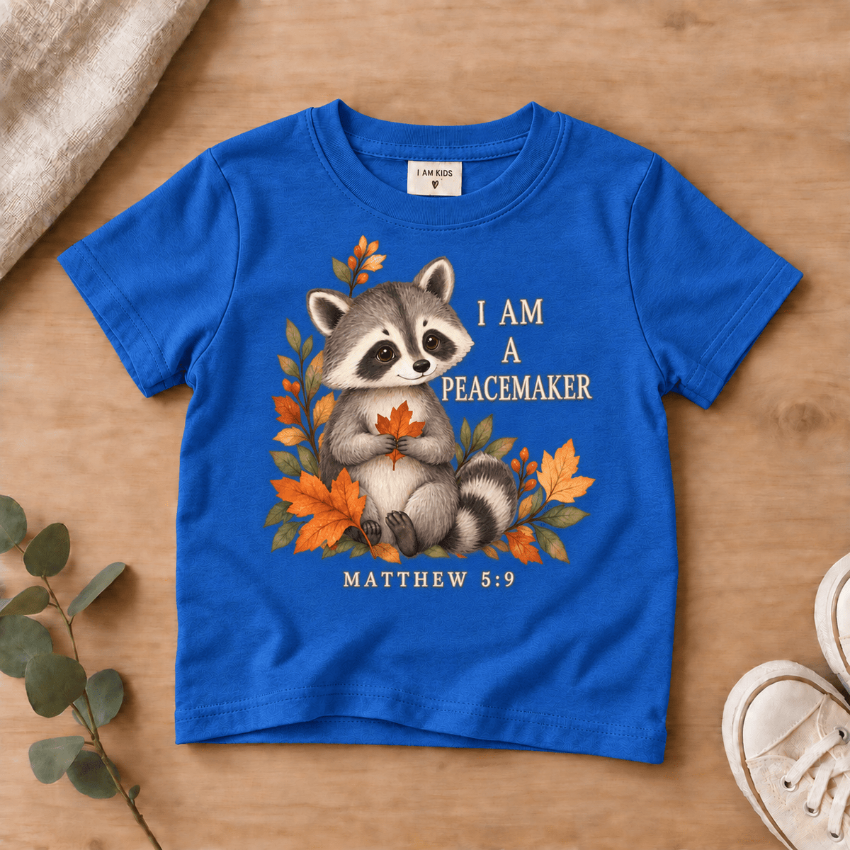 I Am a Peacemaker Woodland Raccoon Kids’ Tee | Fall Friends Collection Christian scripture shirt - I AM Kids