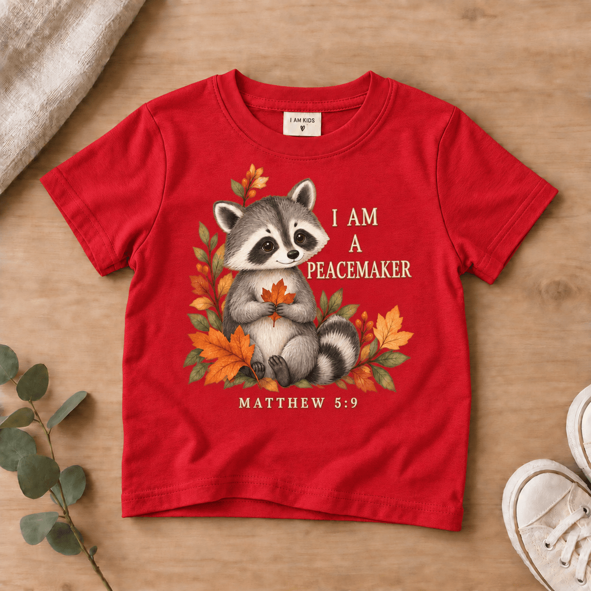 I Am a Peacemaker Woodland Raccoon Kids’ Tee | Fall Friends Collection Christian scripture shirt - I AM Kids