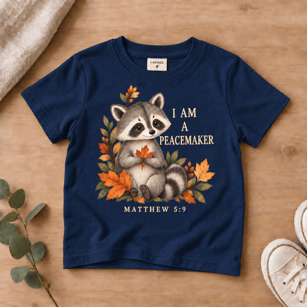 I Am a Peacemaker Woodland Raccoon Kids’ Tee | Fall Friends Collection Christian scripture shirt - I AM Kids