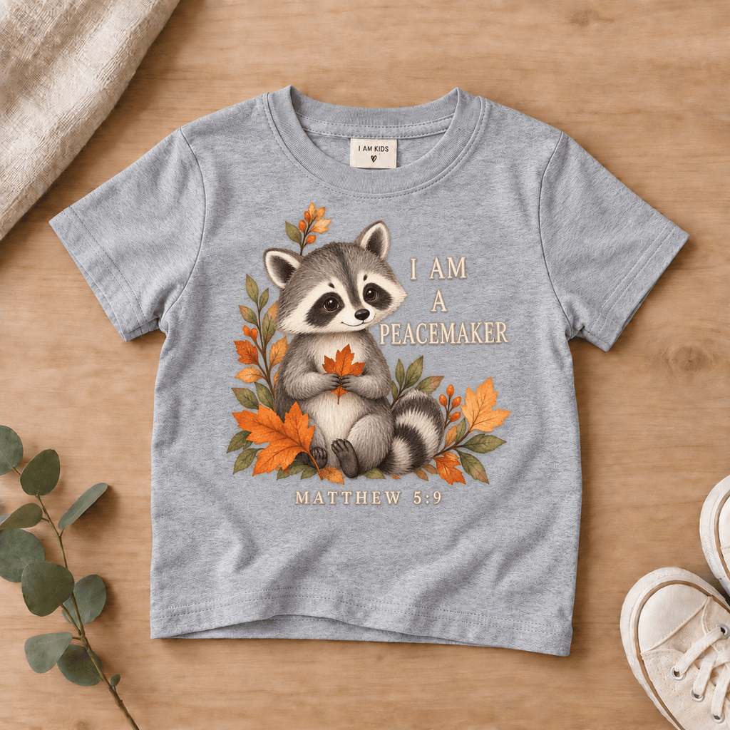 I Am a Peacemaker Woodland Raccoon Kids’ Tee | Fall Friends Collection Christian scripture shirt - I AM Kids