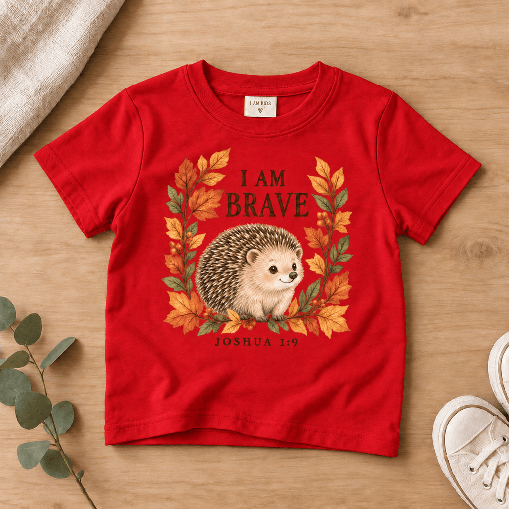 I Am Brave Woodland Hedgehog Kids’ Tee | Fall Friends Collection Christian scripture shirt - I AM Kids