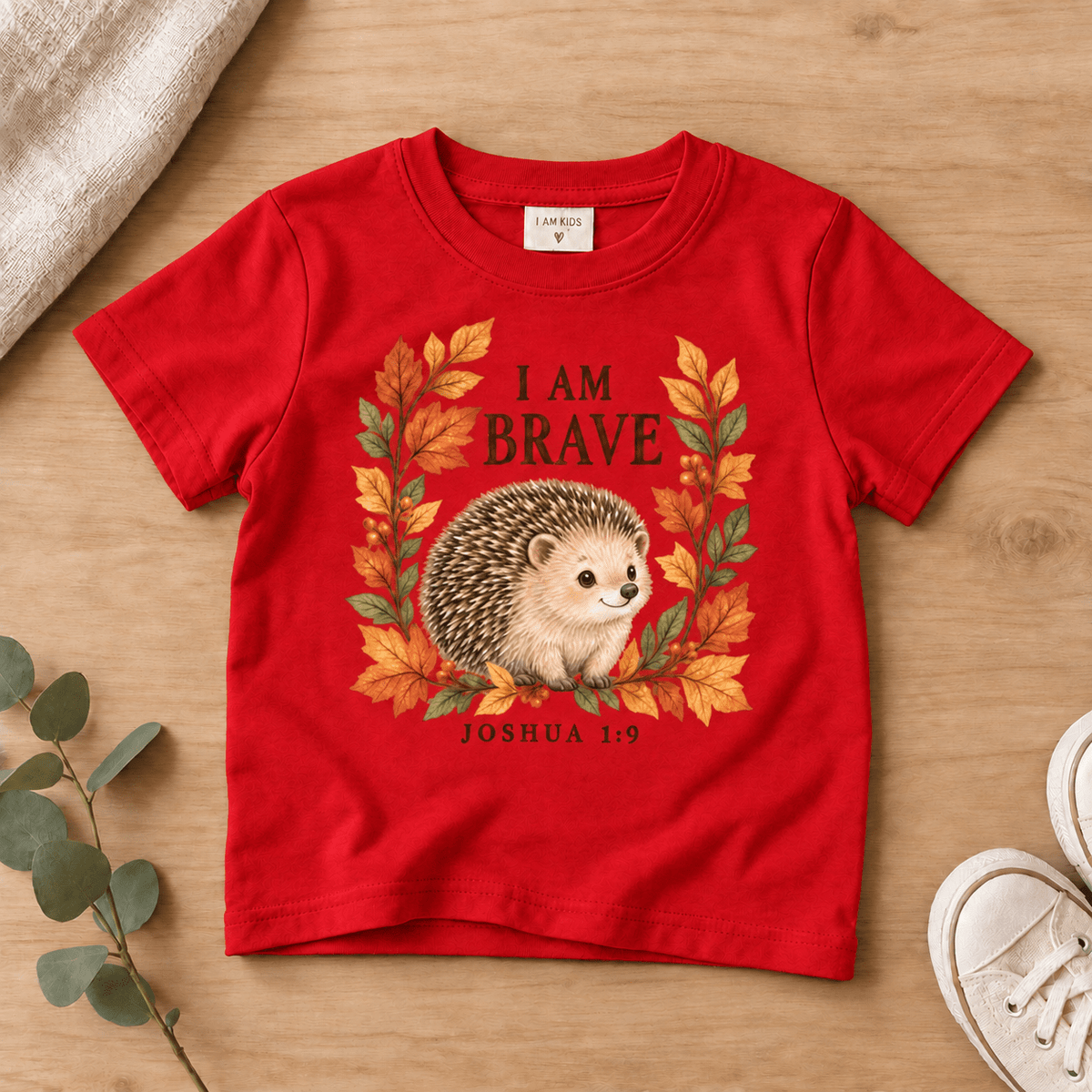 I Am Brave Woodland Hedgehog Kids’ Tee | Fall Friends Collection Christian scripture shirt - I AM Kids