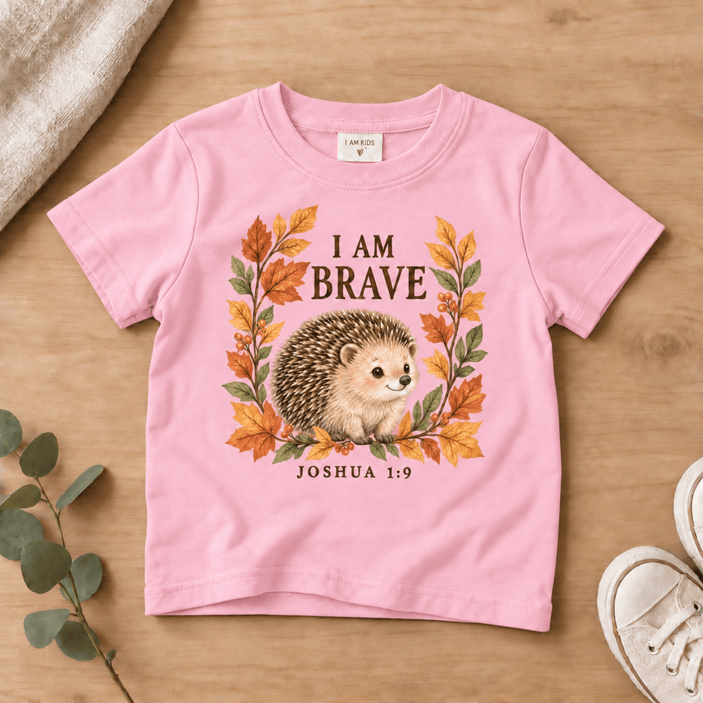 I Am Brave Woodland Hedgehog Kids’ Tee | Fall Friends Collection Christian scripture shirt - I AM Kids