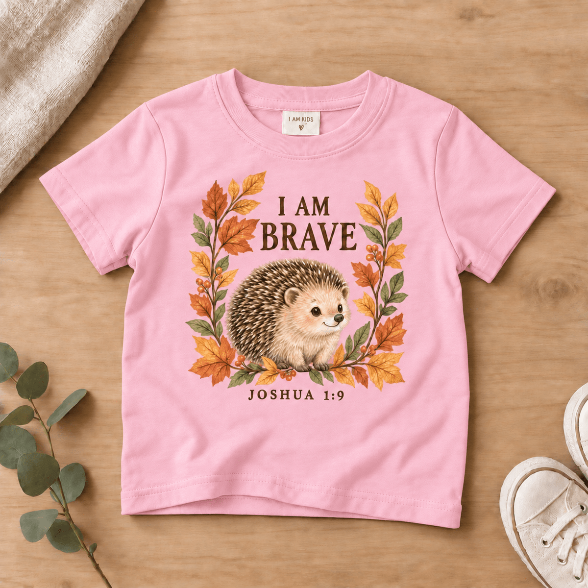 I Am Brave Woodland Hedgehog Kids’ Tee | Fall Friends Collection Christian scripture shirt - I AM Kids