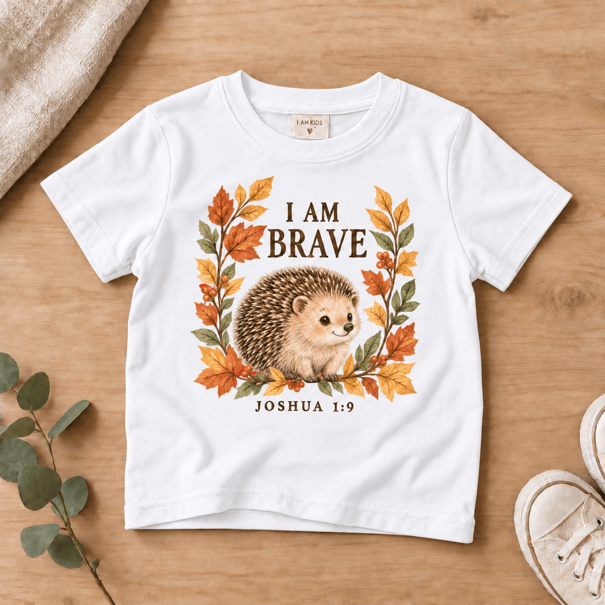 I Am Brave Woodland Hedgehog Kids’ Tee | Fall Friends Collection Christian scripture shirt - I AM Kids