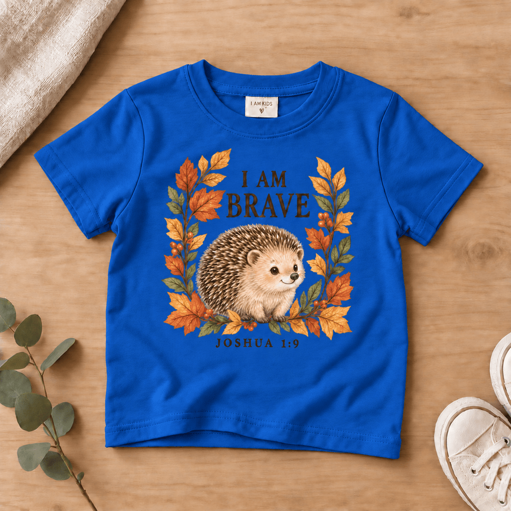 I Am Brave Woodland Hedgehog Kids’ Tee | Fall Friends Collection Christian scripture shirt - I AM Kids