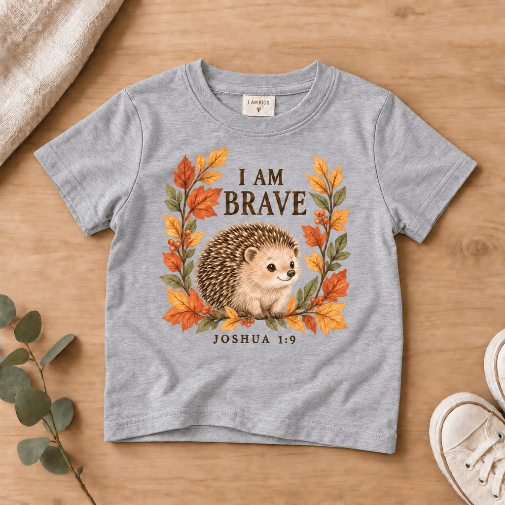 I Am Brave Woodland Hedgehog Kids’ Tee | Fall Friends Collection Christian scripture shirt - I AM Kids