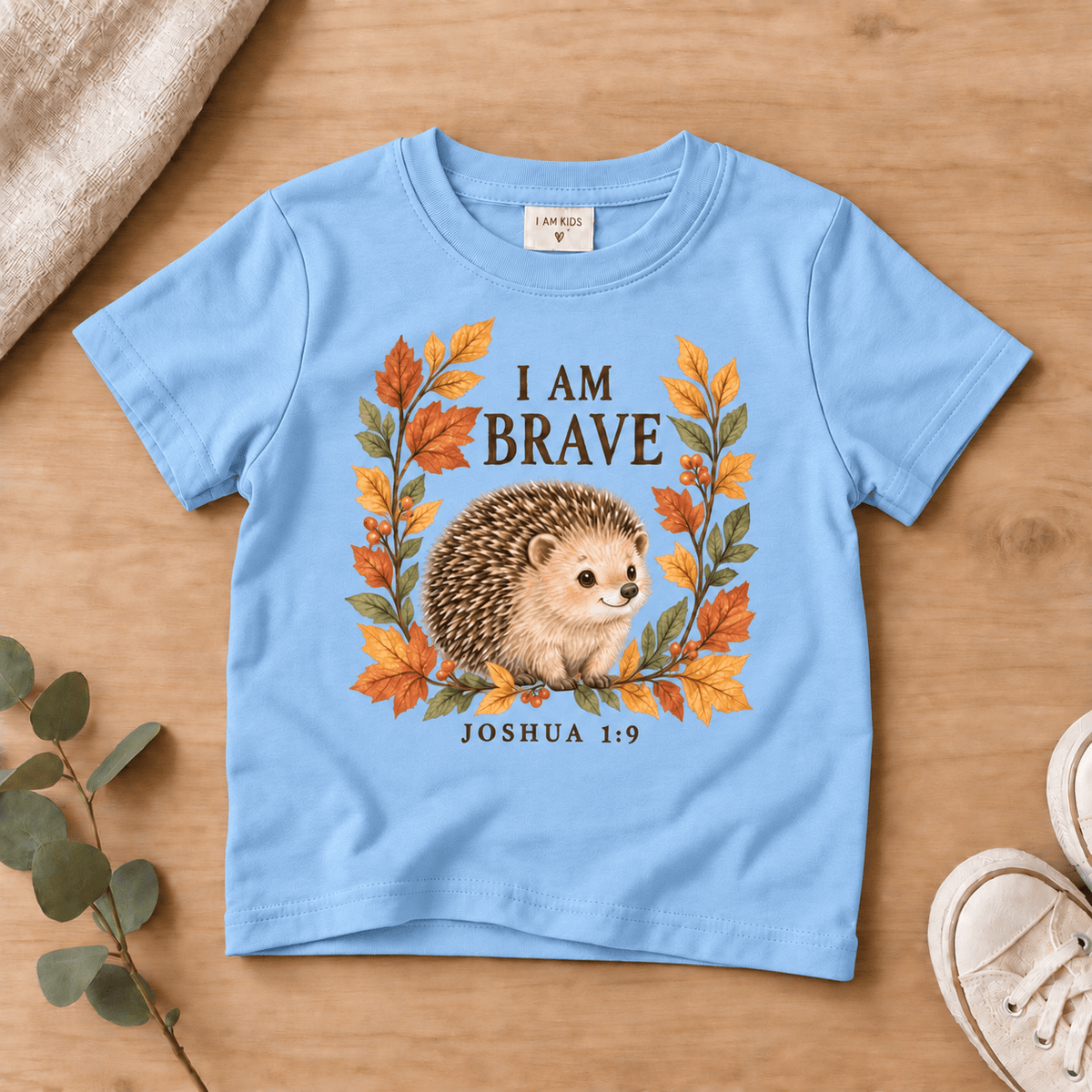 I Am Brave Woodland Hedgehog Kids’ Tee | Fall Friends Collection Christian scripture shirt - I AM Kids