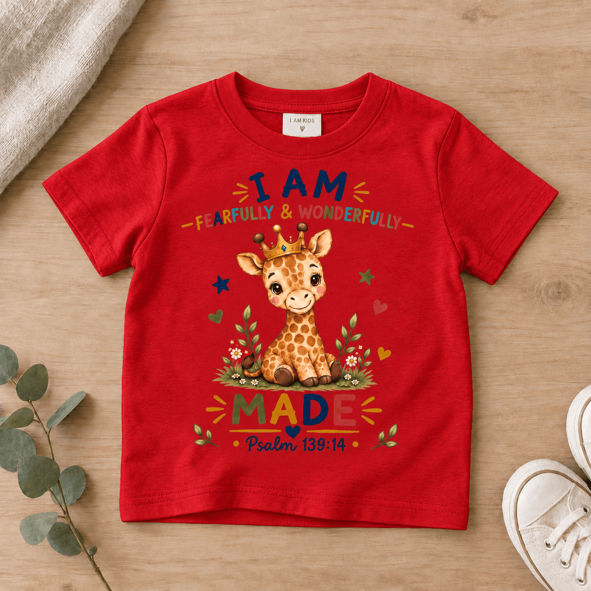 I AM FEARFULLY & WONDERFULLY MADE Giraffe Christian Kids T-Shirt | Psalm 139:14 Christian scripture shirt - I AM Kids