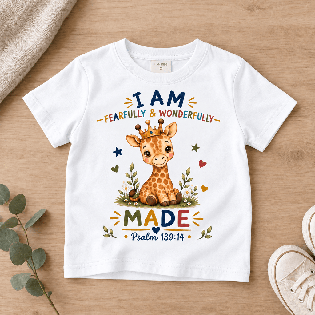 I AM FEARFULLY & WONDERFULLY MADE Giraffe Christian Kids T-Shirt | Psalm 139:14 Christian scripture shirt - I AM Kids
