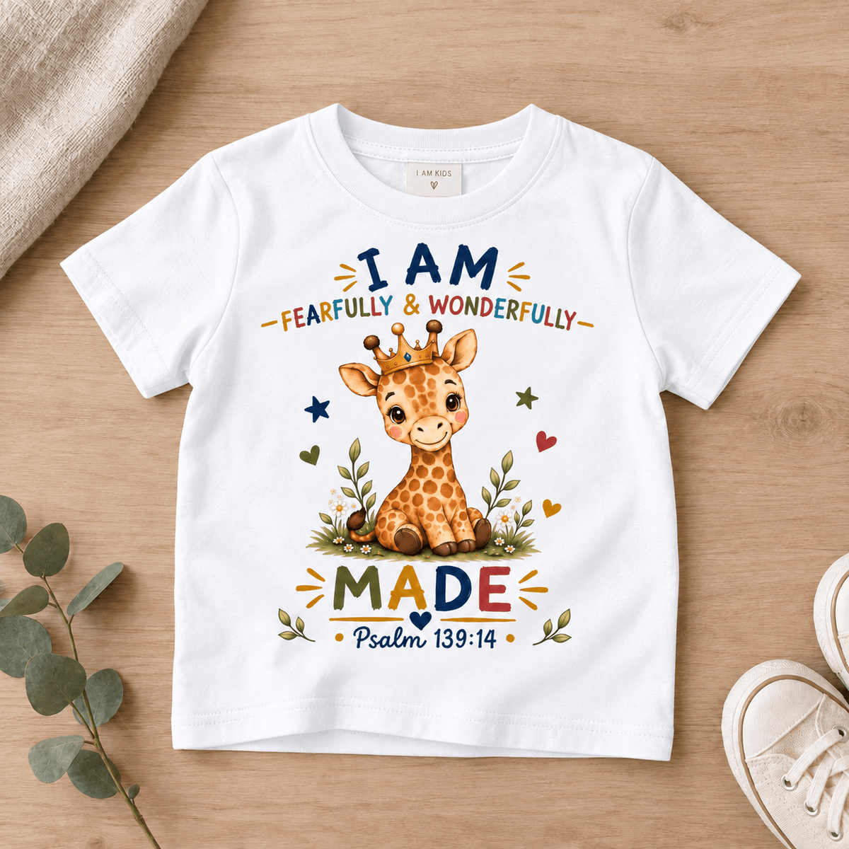 I AM FEARFULLY & WONDERFULLY MADE Giraffe Christian Kids T-Shirt | Psalm 139:14 Christian scripture shirt - I AM Kids