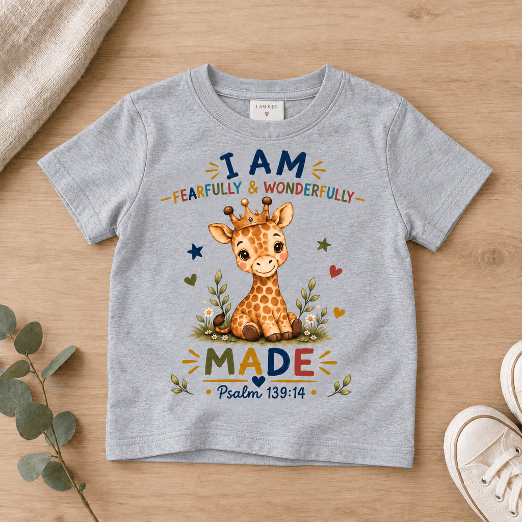 I AM FEARFULLY & WONDERFULLY MADE Giraffe Christian Kids T-Shirt | Psalm 139:14 Christian scripture shirt - I AM Kids