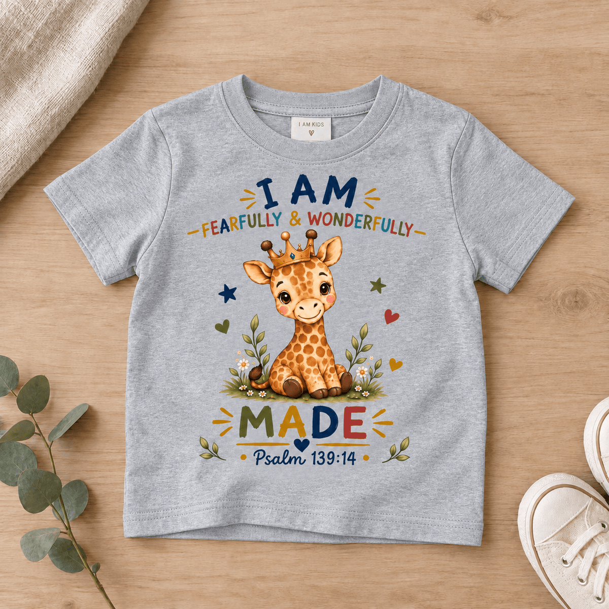 I AM FEARFULLY & WONDERFULLY MADE Giraffe Christian Kids T-Shirt | Psalm 139:14 Christian scripture shirt - I AM Kids