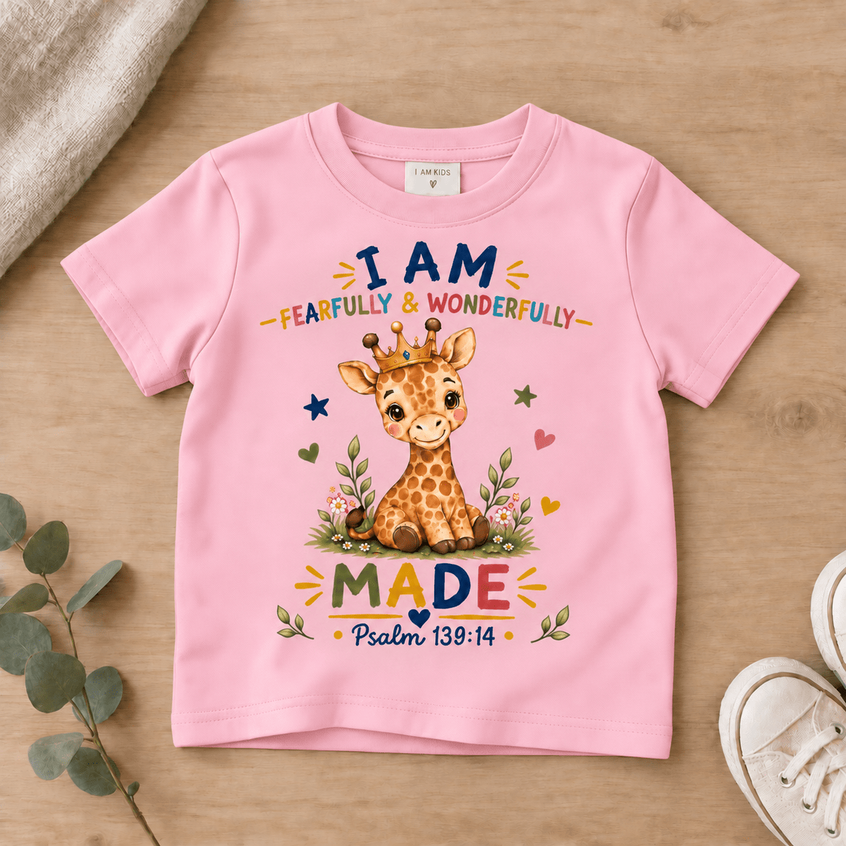 I AM FEARFULLY & WONDERFULLY MADE Giraffe Christian Kids T-Shirt | Psalm 139:14 Christian scripture shirt - I AM Kids