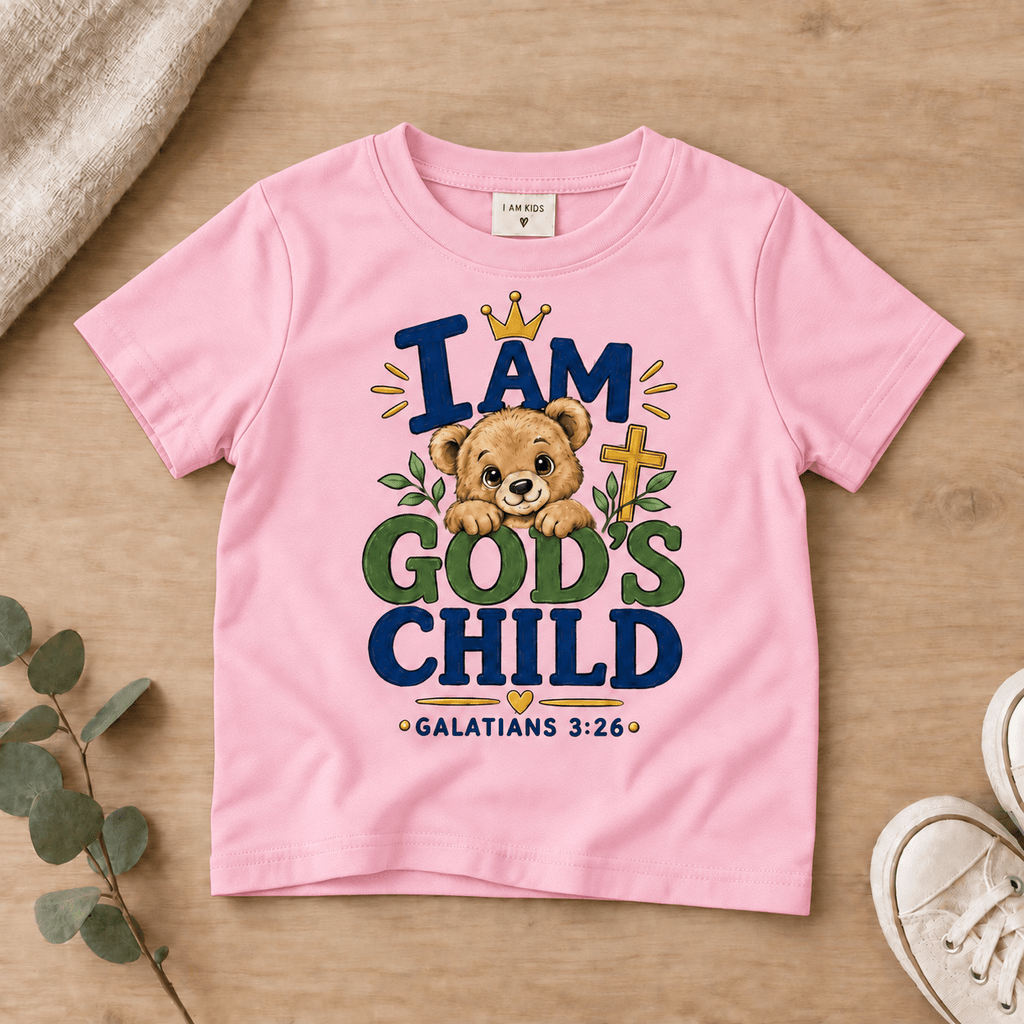 I AM GOD’S CHILD Bear Christian Kids T-Shirt | Galatians 3:26 Christian scripture shirt - I AM Kids