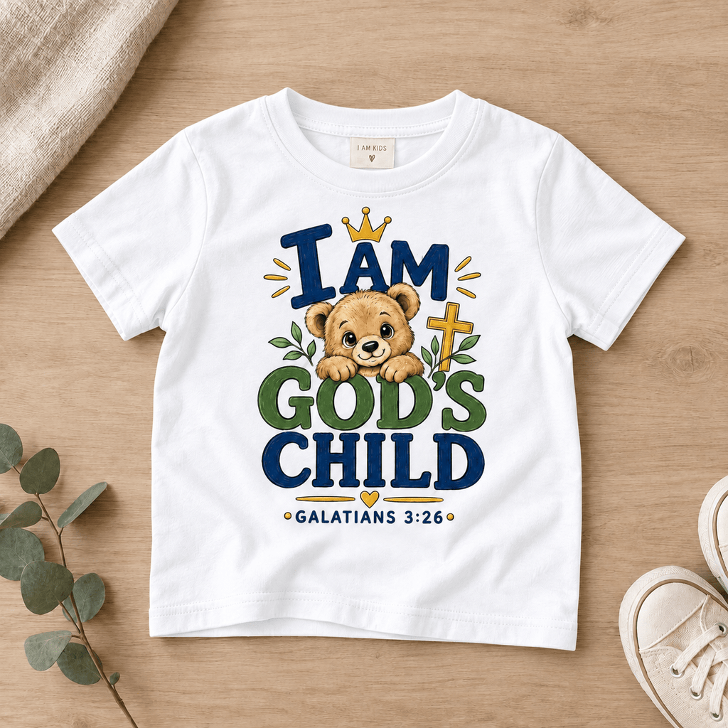 I AM GOD’S CHILD Bear Christian Kids T-Shirt | Galatians 3:26 Christian scripture shirt - I AM Kids