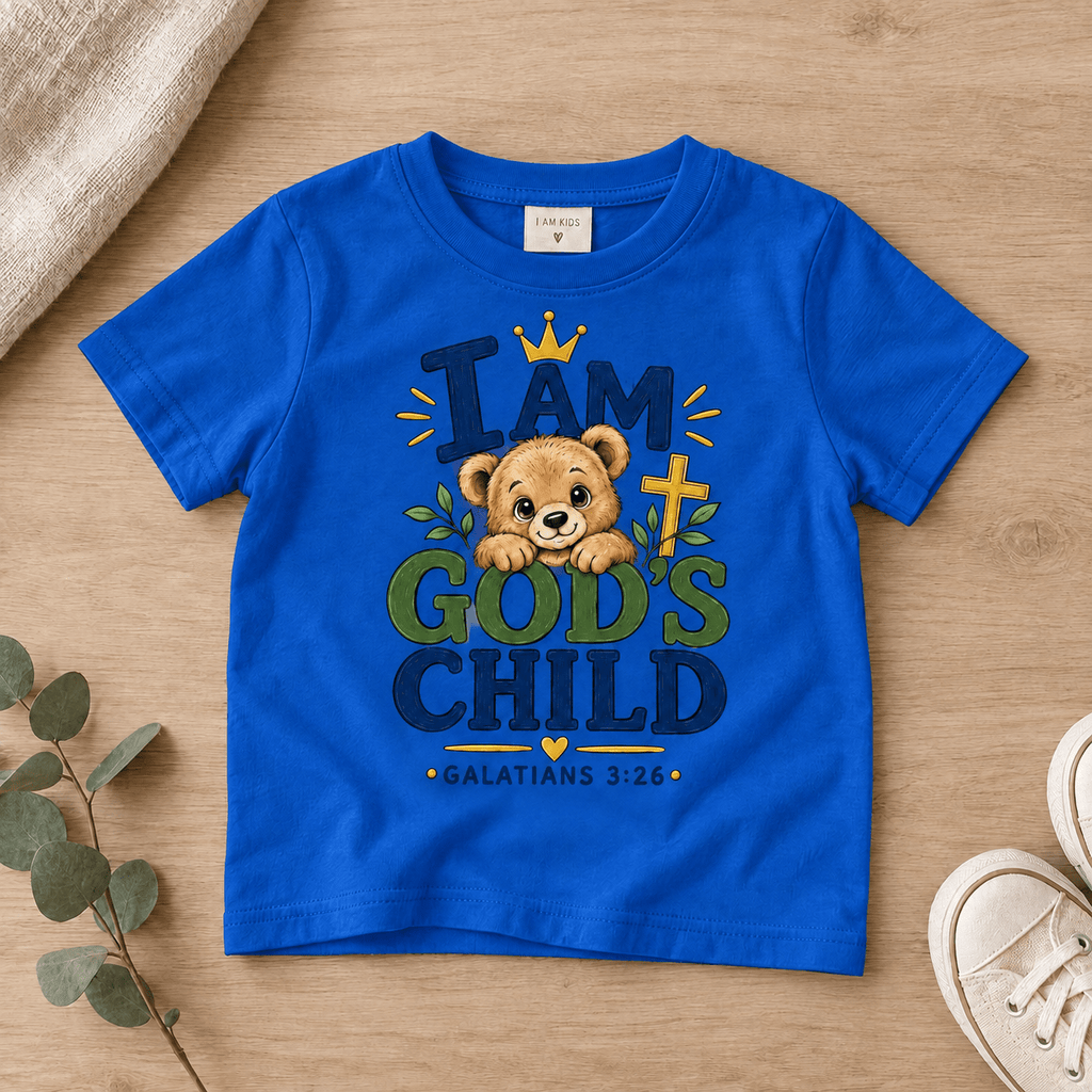 I AM GOD’S CHILD Bear Christian Kids T-Shirt | Galatians 3:26 Christian scripture shirt - I AM Kids