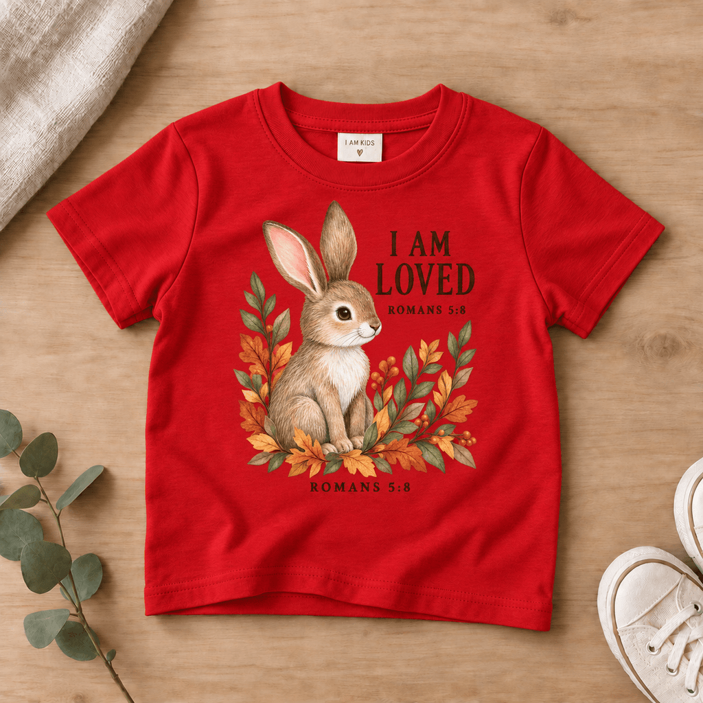 I Am Loved Woodland Rabbit Kids’ Tee | Fall Friends Collection Christian scripture shirt - I AM Kids