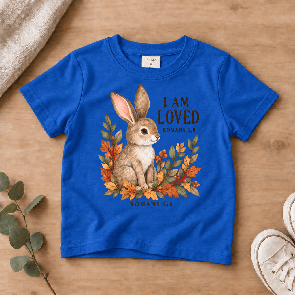 I Am Loved Woodland Rabbit Kids’ Tee | Fall Friends Collection Christian scripture shirt - I AM Kids