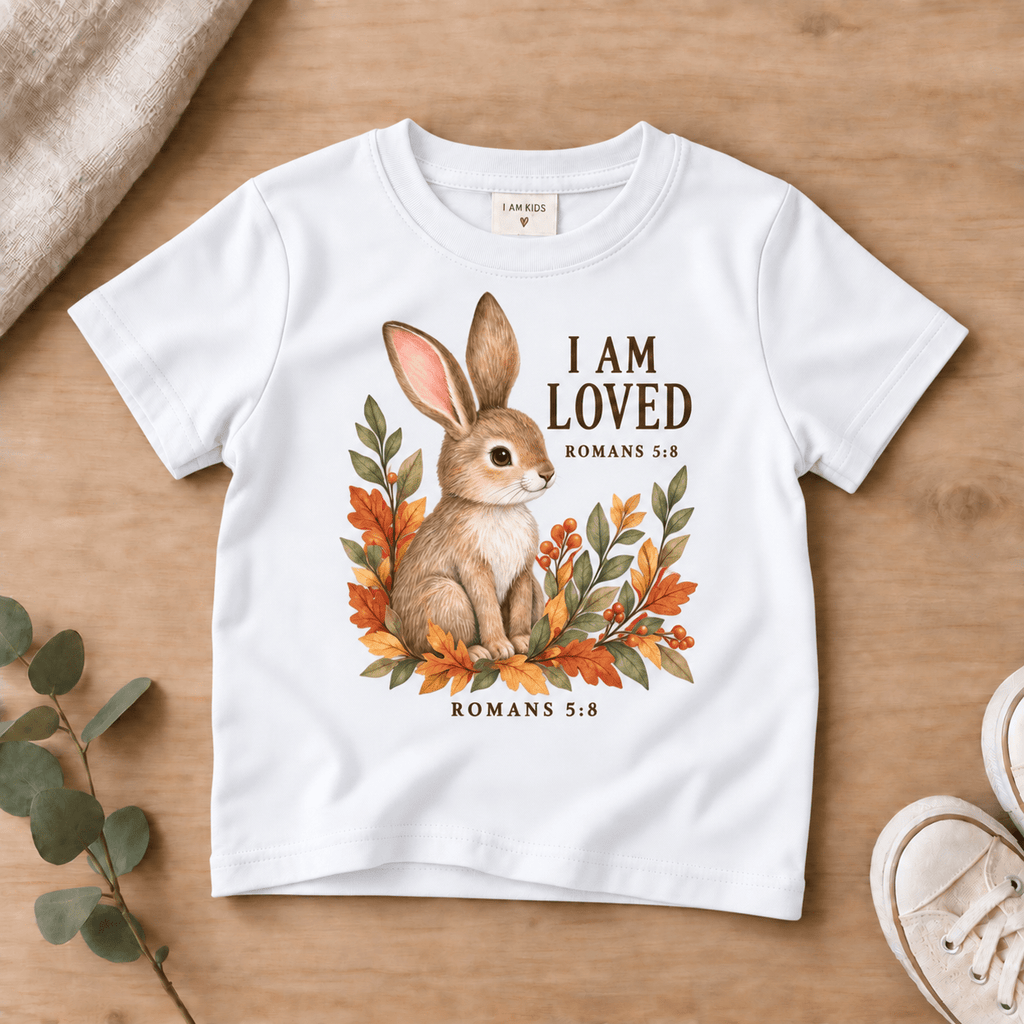 I Am Loved Woodland Rabbit Kids’ Tee | Fall Friends Collection Christian scripture shirt - I AM Kids