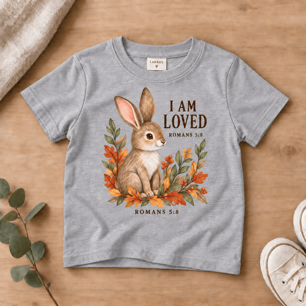 I Am Loved Woodland Rabbit Kids’ Tee | Fall Friends Collection Christian scripture shirt - I AM Kids