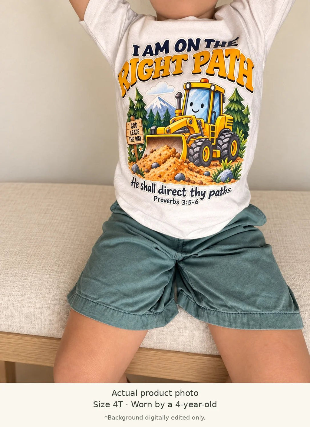 I AM ON THE RIGHT PATH Construction Truck Christian Kids T-Shirt | Proverbs 3:5–6 Christian scripture shirt - I AM Kids