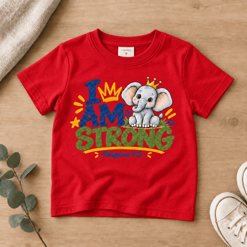 I AM STRONG Elephant Christian Kids T-Shirt | Philippians 4:13 Christian scripture shirt - I AM Kids