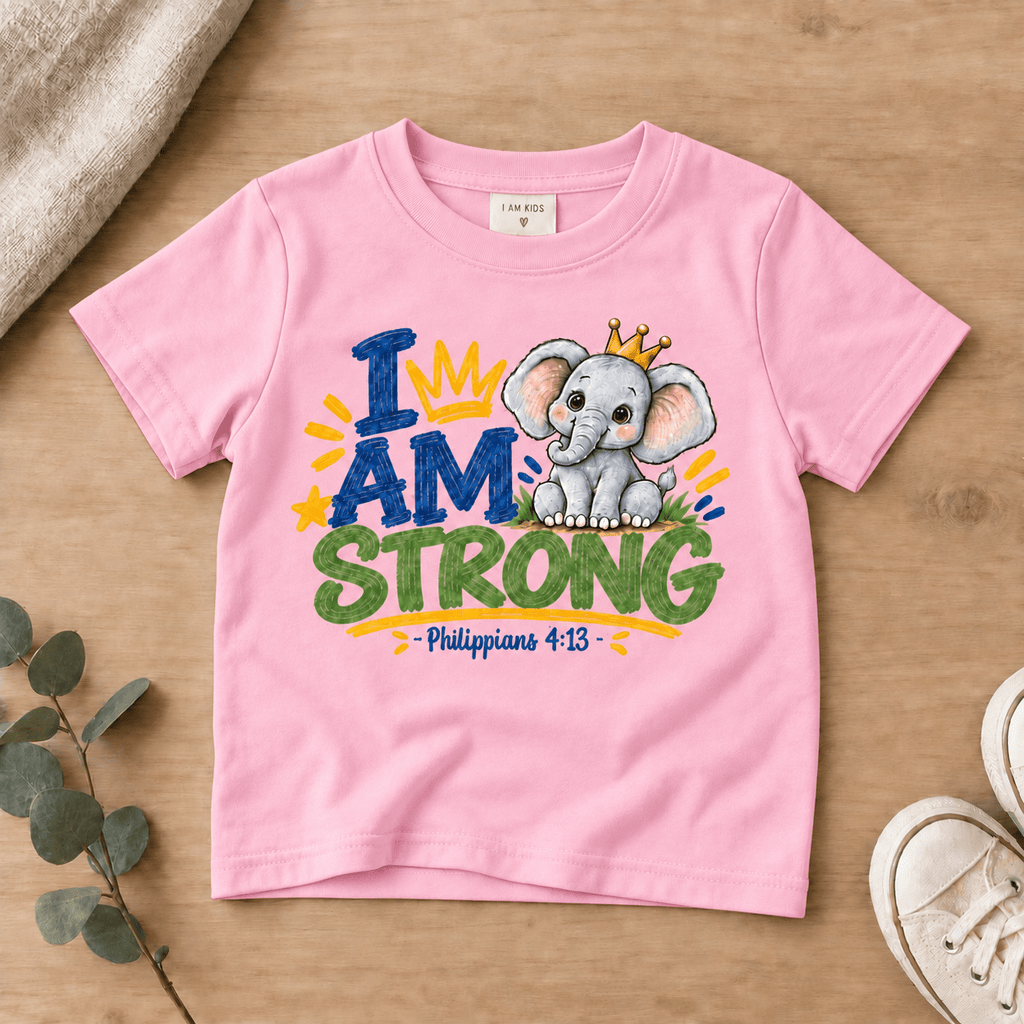 I AM STRONG Elephant Christian Kids T-Shirt | Philippians 4:13 Christian scripture shirt - I AM Kids