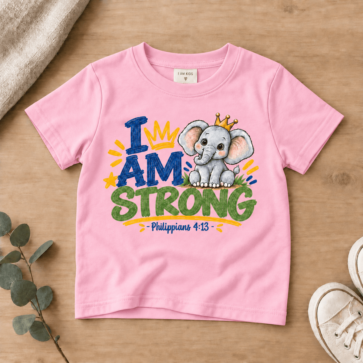 I AM STRONG Elephant Christian Kids T-Shirt | Philippians 4:13 Christian scripture shirt - I AM Kids
