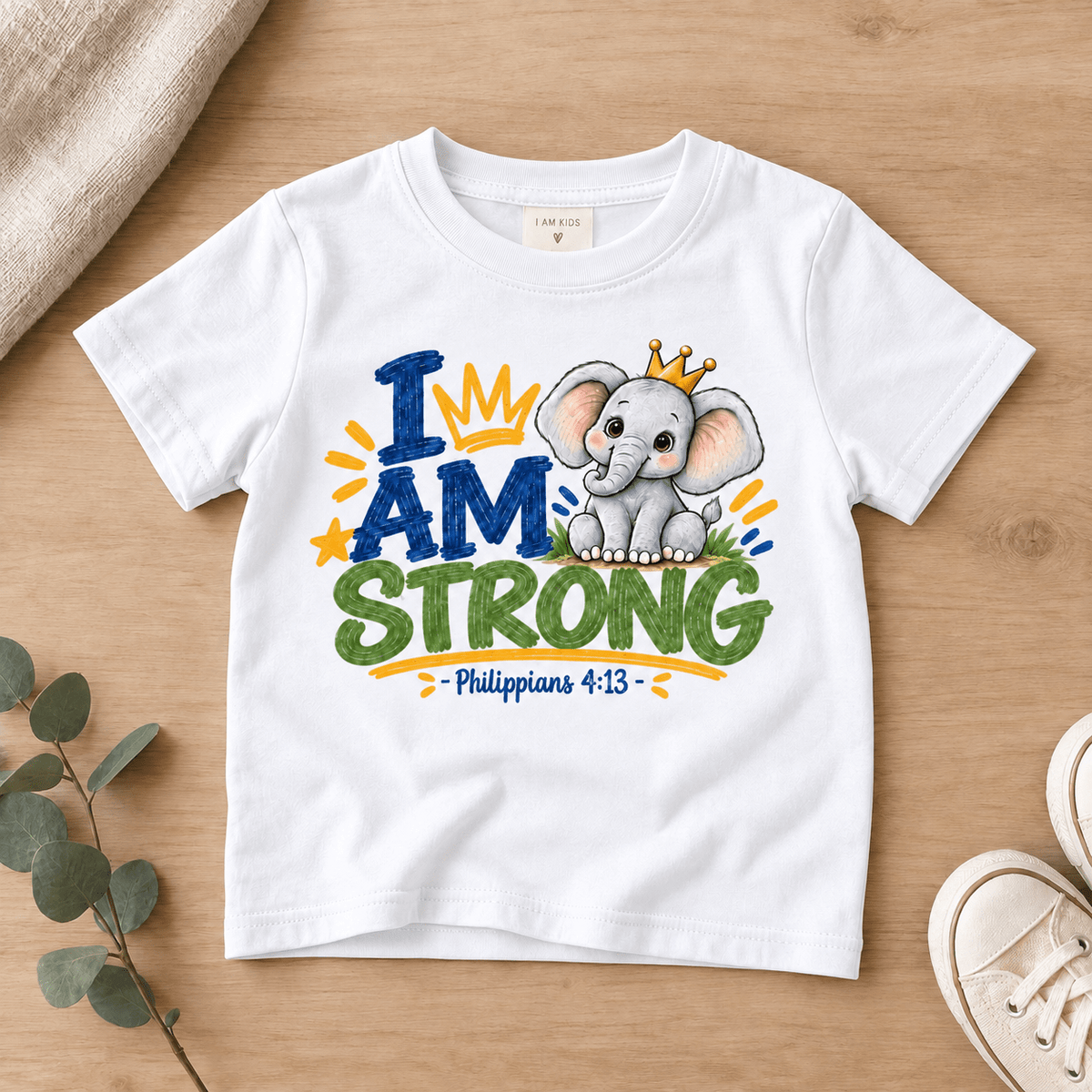 I AM STRONG Elephant Christian Kids T-Shirt | Philippians 4:13 Christian scripture shirt - I AM Kids