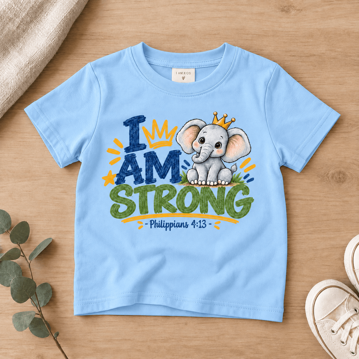 I AM STRONG Elephant Christian Kids T-Shirt | Philippians 4:13 Christian scripture shirt - I AM Kids