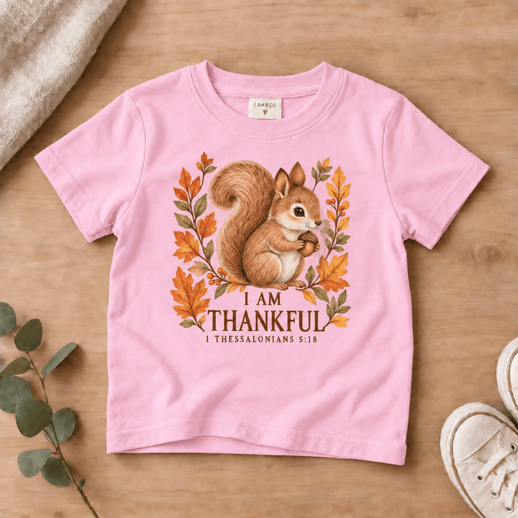 I Am Thankful Woodland Squirrel Kids’ Tee | Fall Friends Collection Christian scripture shirt - I AM Kids