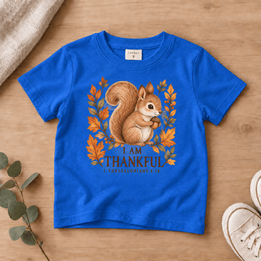 I Am Thankful Woodland Squirrel Kids’ Tee | Fall Friends Collection Christian scripture shirt - I AM Kids
