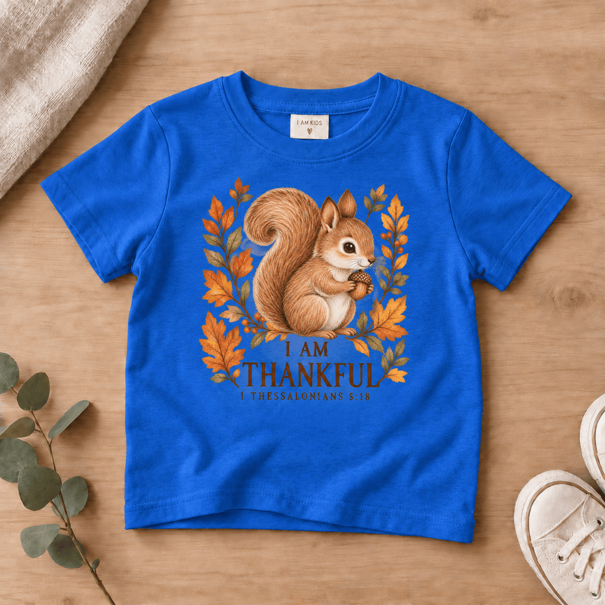 I Am Thankful Woodland Squirrel Kids’ Tee | Fall Friends Collection Christian scripture shirt - I AM Kids